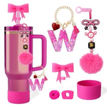 Imagem de AIERSA Conjunto de acessórios de copo rosa para copo Stanley Cup 850.5 g 1,134.0 g, incluindo capa de canudo de laço, bota de silicone, tampa à prova de derramamento, adesivo de letra inicial e