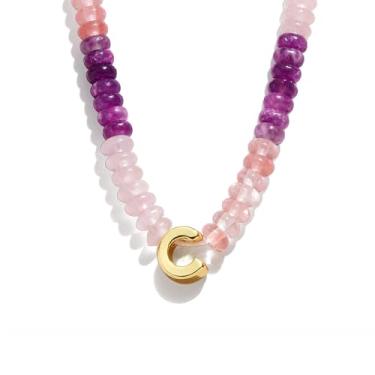 Imagem de Colar com inicial feminina moderna, colar gargantilha colorida com pedras preciosas naturais com contas folheadas a ouro 14K, boêmio, feito à mão, ametista arco-íris, colar com contas, melhores