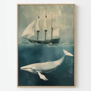 Imagem de Pintura de baleia e barco abstrata em tela de veleiro arte de parede arte de vida marinha imagens de animais marinhos baleia aquarela arte de parede azul e branco imagens náuticas azul oceano pôster