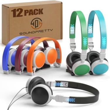 Imagem de SP SOUNDPRETTY Pacote com 12 fones de ouvido para sala de aula – 6 cores (2 cada), fones de ouvido infantis sem microfone, limitação de volume 85dB, fones de ouvido escolares com fio para Chromebooks