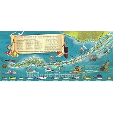 Imagem de Mapa histórico: seu mapa do tesouro, para o mar Florida Keys e Key West, cruzeiro de carro na rodovia panorâmica ultramarina, c1960, arte de parede vintage: 112 cm x 48 cm