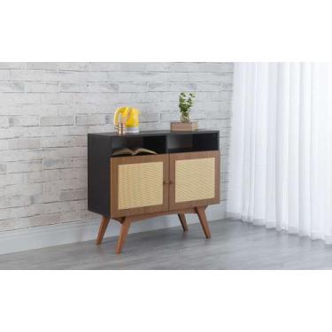 Imagem de Balcão Buffet Mdf Preto Pés Jatobá 2 Portas Com Nichos Freijó E Palhin