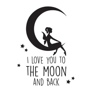 Imagem de Adesivo de vinil "I Love You to The Moon & Back" Cute Fairy Sitting On Moon Vinyl Decal Art Sticker Designs Adesivos de vinil para casa paredes quartos janelas quarto decoração tamanho (35,56 x 35,5