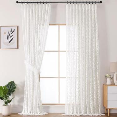Imagem de Lecloud Cortinas Pinch Plissadas Marfim Transparentes 2 Painéis Longos 2 Painéis para Janela Grande, Cortinas Semi Transparentes Jacquard Extra Largas Texturizadas para Sala de Estar com Ganchos Anéis