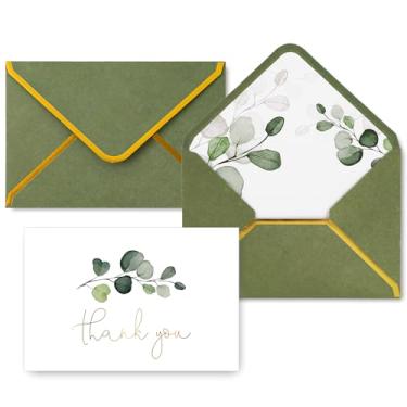 Imagem de Whaline Pacote com 50 cartões de agradecimento de folha dourada de eucalipto, folhas de vegetação, cartões de felicitações em branco, com envelopes e adesivos para chá de bebê, aniversário de