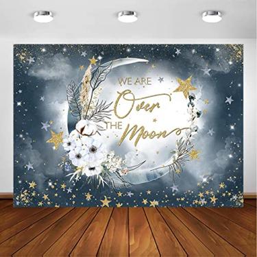 Imagem de Avezano Fundo azul profundo para chá de bebê We are Over The Moon Starry Night Baby Shower Decorações de festa com bolinhas douradas e estrelas e lua (2,4 x 1,8 m)