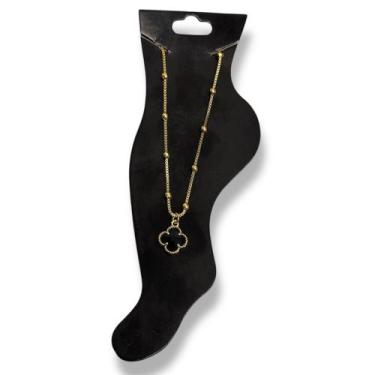 Imagem de Tornozeleira Bolinha Veneziana Trevo Zircônia Preto Banhado a ouro 18k