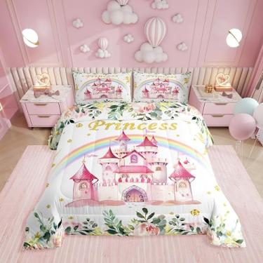 Imagem de Erosebridal Jogo de cama casal de princesa, castelo de fada rosa, jardim de fadas, decoração de quarto infantil, fofo, arco-íris, reversível, com 2 fronhas, respirável