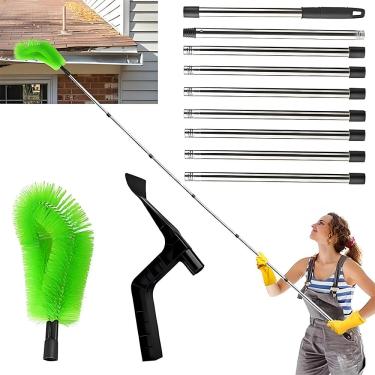 Imagem de Ferramentas de limpeza de calha, ferramentas de limpeza de calha de 3,5 m de comprimento com tubos de aço inoxidável 89 e 2 escovas, capacidade de limpeza de calha para folhas de telhado e detritos -
