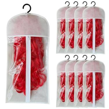 Imagem de POOTUIPAT 8 bolsas de armazenamento de perucas com cabides para várias perucas e extensões de cabelo, suporte organizador à prova de poeira para pentear e exibir (cor de nuvem branca)