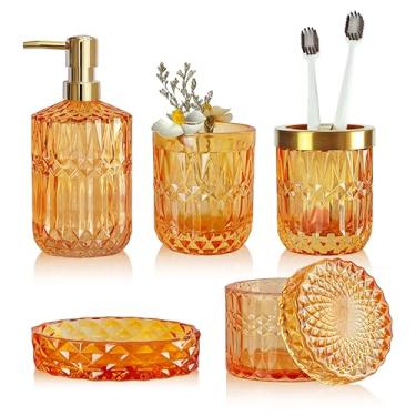 Imagem de LaMarriti Conjunto De Acessórios Para Banheiro, Conjunto Completo De Acessórios Para Banheiro De Vidro Laranja Queimado, Dispensador De Sabonete Para As Mãos, Saboneteira, Conjunto De Porta-Escovas