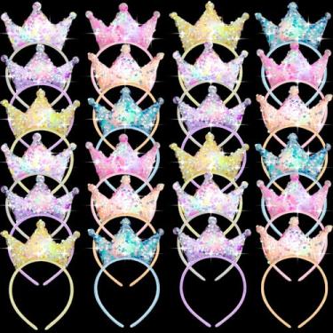 Imagem de Juexica 24 faixas de cabeça de coroa de princesa de LED com lantejoulas brilhantes e brilhantes para meninas e mulheres, tiara de princesa, lembrancinhas de festa de aniversário, acessórios de cabelo