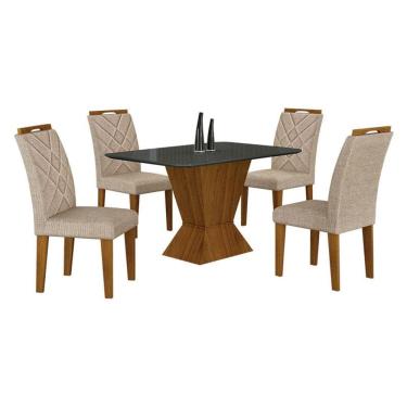 Imagem de Mesa de Jantar Larissa 120x80 Freijó Chumbo com 4 Cadeiras MDF Freijó Linho Palha - Leifer Móveis
