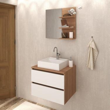 Imagem de Conjunto Para Banheiro 2 Peças 1 Gabinete 2 Gavetas 1 Espelheira 3 Prateleiras Bn3608 Tecno Mobili Amêndoa/branco