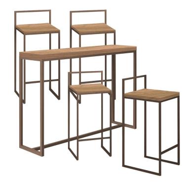 Imagem de Kit 4 Banquetas Lyno + 1 Mesa Bancada Aparador Mavye 150cm Ferro Marrom Castanho - Amey Decor