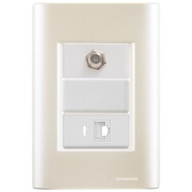 Imagem de Cj Tomadas Rj45 Ethernet + Tv Coaxial Giz Pérola Tramontina Completo Pronto Tramontina