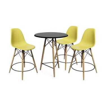 Imagem de Kit 3 Banquetas Bistrô Eames Eiffel Moderno Madeira Maciça Assento Plástico Polipropileno 70 Cm Preto Amarelo Casa Prime
