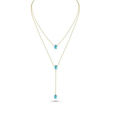 Imagem de Colar longo banhado a ouro 18K azul verde vermelho com pingente em camadas para mulheres (esmeralda, rubi, espuma do mar, céu, safira), colar delicado com pedra do mês de nascimento para presente.