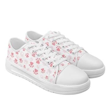 Imagem de GOSTONG Tênis feminino de lona com cadarço, cano baixo, antiderrapante, sola grossa, aumento de altura, casual, trabalho, branco, tamanho 36-44, Estampas de patas de cachorro, 35