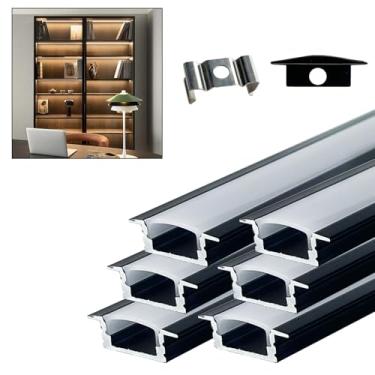Imagem de HAMRVL Pacote Com 6 Unidades De 1 Pé/30 Cm, Canal Led Preto, Difusor Embutido Em Formato U, Faixa Luz Perfil Alumínio, Fácil Instalação, Trilho Alumínio Extrudado Tampa Branca Leitosa