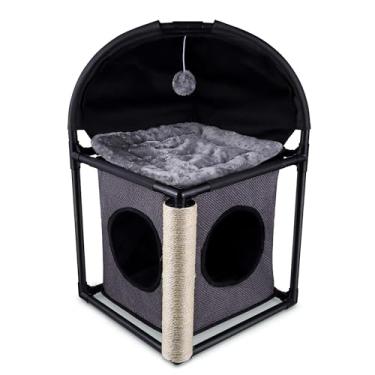 Imagem de Goetland Casa de gato moderna de PVC, casa de gato, árvore de gato, pequena torre de gato, cama arranhadora, furo de bola para gatinho, dentro de casa, gato, cinza