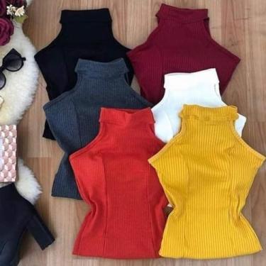 Imagem de Blusa feminina malha canelada gola alta manga cavada com bojo - moda f