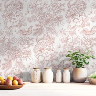Imagem de Safiyya Papel de parede floral para contato rosa e branco 43 cm × 1000 cm papel de parede autoadesivo removível peônia para quarto e banheiro