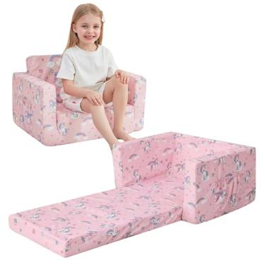 Imagem de lasoftan Sofá infantil para crianças, 2 em 1, dobrável, sofá conversível para espreguiçadeira para meninas e meninos, com capa removível e bolsos duplos - unicórnio rosa