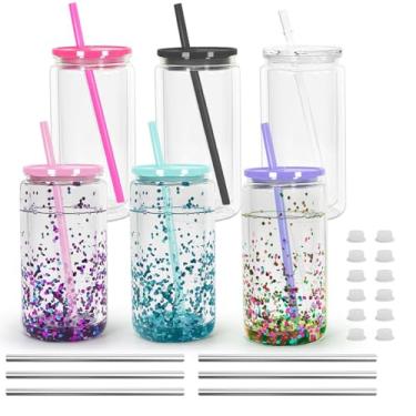 Imagem de Icesip Copo de globo de neve de acrílico de 473 ml, copos de globo de neve de parede dupla com orifício pré-perfurado, copos de plástico transparente com tampas coloridas e canudos para café gelado,