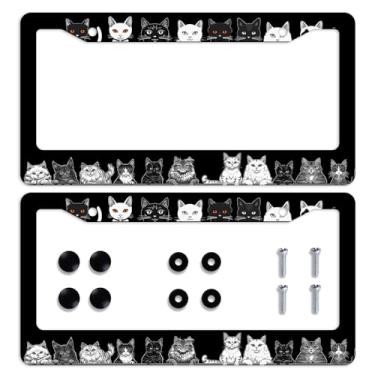Imagem de Moldura de placa de licença de gato preto gato fofo gato branco personalizado peças automotivas de aço inoxidável molduras engraçadas de placa de licença decoração com parafusos tamanho para homens
