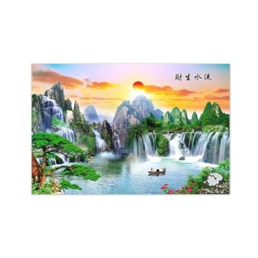 Imagem de MUHJDYC Paisagem quadros - barco lago cascata montanha - natureza impressão em tela - imagem panorâmica decoração sala de estar quartos 80 x 120 cm - 31 x 47 in sem moldura