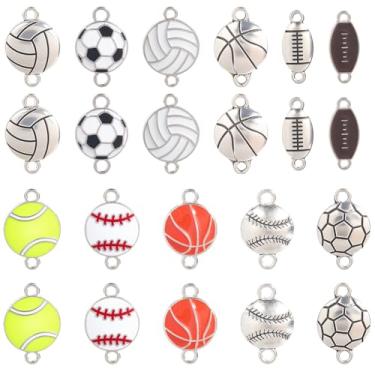 Imagem de SUNNYCLUE 1 caixa, 66 peças, 11 estilos, pingentes de bola esportiva, esmaltado, conectores, tênis, beisebol, basquete, futebol, rúgbi, furos duplos, conectores de metal para fabricação de joias