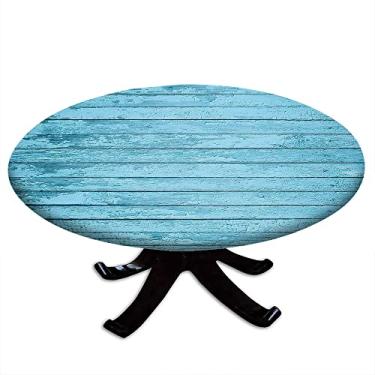 Imagem de Toalha de mesa redonda de madeira, estampa de textura de prancha de madeira, borda elástica, impermeável e limpável, adequada para festas de cozinha de restaurante, adequada para mesa de 122 cm