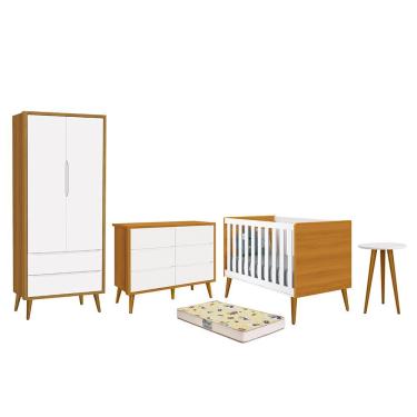 Imagem de Dormitório Infantil Theo 2 Portas, Cômoda 6 Gavetas, Berço, Mesa de Canto com Pés Amadeirado e Colchão - Reller Móveis Branco/Savana