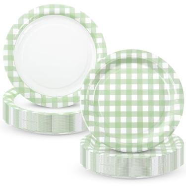 Imagem de Houuqe 48 peças de pratos de festa de guingão verde sálvia pratos de sobremesa xadrez xadrez de 18 cm, prato de papel verde e branco descartável para outono, piquenique, churrasco, aniversário, verão