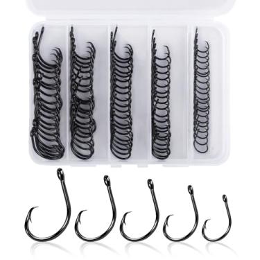 Imagem de Alwonder Pacote com 100 ganchos circulares, 3 ganchos de pesca fortes em linha para peixe-gato, aço de alto carbono, não deslocado, fechado, círculo, gancho, água salgada, água doce para robalo