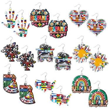 Imagem de Y1tvei Brincos de mês da herança hispânica - 9 pares de brincos pendentes de acrílico com glitter espanhol, mapa de bandeira de coração de palmeira estética, arco-íris, brilhante, decoração de orelha