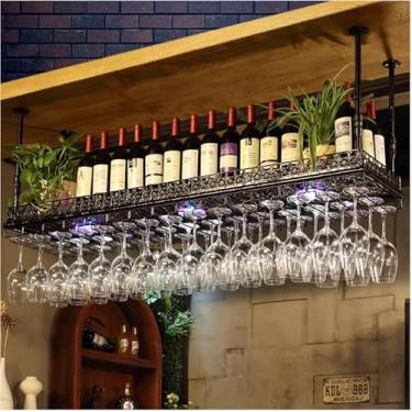 Imagem de Ceilig Hagig Wie Rack Com Eo Lights Wie Glass Holder Metal Wie Bottle Holder Decoratio Wie Glass Rack Vitage Display Wie Storage Holder Para Bares Café Restaurats, Black, 80cmx35cm