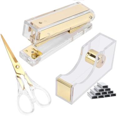 Imagem de Buqoo Dispensador de fita dourada de acrílico transparente de 2,5 cm para serviço pesado, grampeador com 950 peças, grampos dourados 24/6, 26/6, tesouras para papelaria, mesa, escola, casa, material