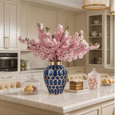 Imagem de Vaso de gengibre, potes de gengibre de porcelana dourada azul para decoração de casa, centros de mesa de jantar modernos e exclusivos de meados do século - Vaso decorativo com tampa para sala de estar