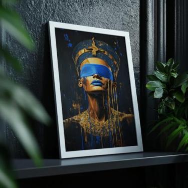 Imagem de Quadro Decorativo Rainha Egípcia Com Moldura Mulher Afro Moderna Azul Dourado Poder Nefertiti Arte Contemporânea Luxo