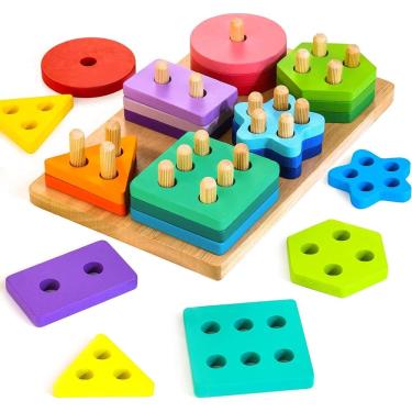 Imagem de Brinquedo de classificação e empilhamento HELLOWOOD Wooden de 1 a 3 anos com 24 blocos