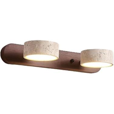 Imagem de Luminária De Vaidade De Pedra Natural Fazenda Madeira Linear Arandela De Parede Travertino Amarelo 2/3/4-luz Luminárias De Banheiro Sobre Espelho 180 ° Giratório Led Luz De Imagem, Walnut, 32cm