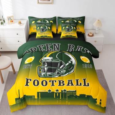 Imagem de Erosebridal Jogo de cama solteiro de futebol americano, cidade de futebol americano, 7 peças, jogo de cama quente e macio de rúgbi para crianças, adolescentes e adultos, verde e amarelo (Green Bay)