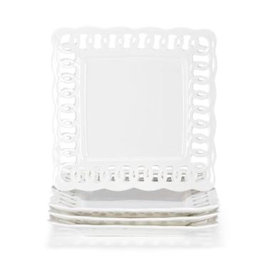 Imagem de Pratos de jantar quadrados de cerâmica, conjunto de 4 pratos de servir quadrados de 28 cm, para bife, macarrão, salada, lanches, pizza, aperitivo, pratos de porcelana com borda de renda, presente de