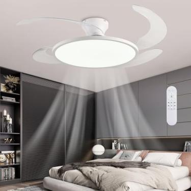 Imagem de AHAWILL Ventilador de teto retrátil de 122 cm, ventilador de teto discreto de espectro completo com luz e controle remoto, ventilador branco moderno para sala de jantar, sala de estar, quarto, lâminas