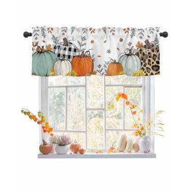 Imagem de Cortinas de outono para janelas Dia de Ação de Graças sanefas Happy Fall Y'all abóbora leopardo sanefa tratamentos de janela folhas de bordo cortinas curtas para cozinha, sala de estar, quarto