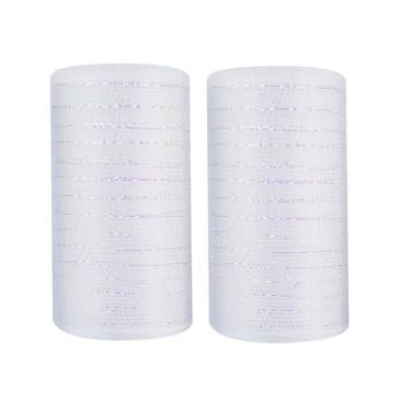 Imagem de JStnana 2 rolos de fita de malha branca para artesanato de grinaldas, 15,8 cm x 7,6 m por rolo de folha metálica decorativa, tecido de malha decorativa para guirlanda de árvore de Natal, cesta de swag