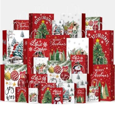 Imagem de Horaldaily 24 sacos de papel de presente de Natal a granel com alças para embrulho, árvores de Natal, boneco de neve, caminhão, bola, presentes de Natal (6 jumbo, 6 grandes, 6 médios, 6 pequenos)