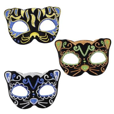 Imagem de Abirfig Máscaras de baile de máscaras de gato, design de glitter multicolorido, 3 peças, adereços de festa à fantasia (3 peças de gato)
